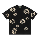 Denim Tears Black Oversized Short Sleeve Tee With All Over Beige Flower Wreath Print