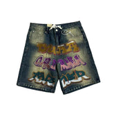 Duaa Vintage Gradient Washed Colorful Letter Patch Denim Shorts