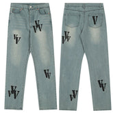 Vlone All-Over "V" Logo Graphic Denim Jeans - Light Wash/Black