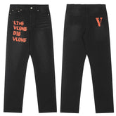 Vlone "Live Vlone Die Vlone" Graphic Denim Jeans - Dark Wash/Orange-Red