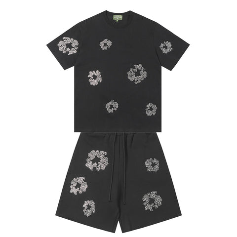 Denim Tears Black Grey Floral Ring Print Crew Neck T-Shirt & Drawstring Shorts