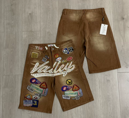 Valley Vintage Badge Rhinestone Brown Denim Shorts