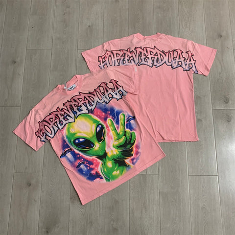 Foreverduaa Alien Peace Sign Pink Graphic T-Shirt