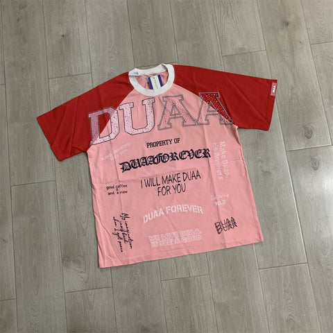 Duaa Forever Pink Red Color Block Text Print Raglan T-shirt