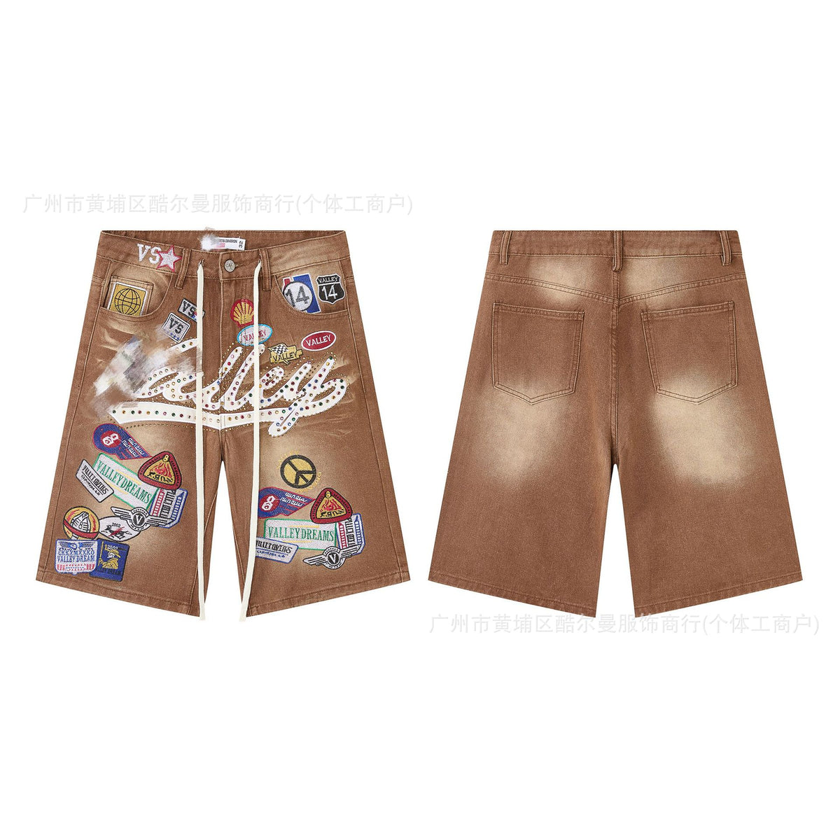 Valley Vintage Badge Rhinestone Brown Denim Shorts