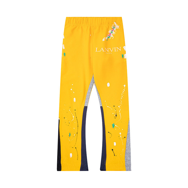 Lanvin Yellow Floral Logo Paint Splatter Patchwork Flare Sweatpants