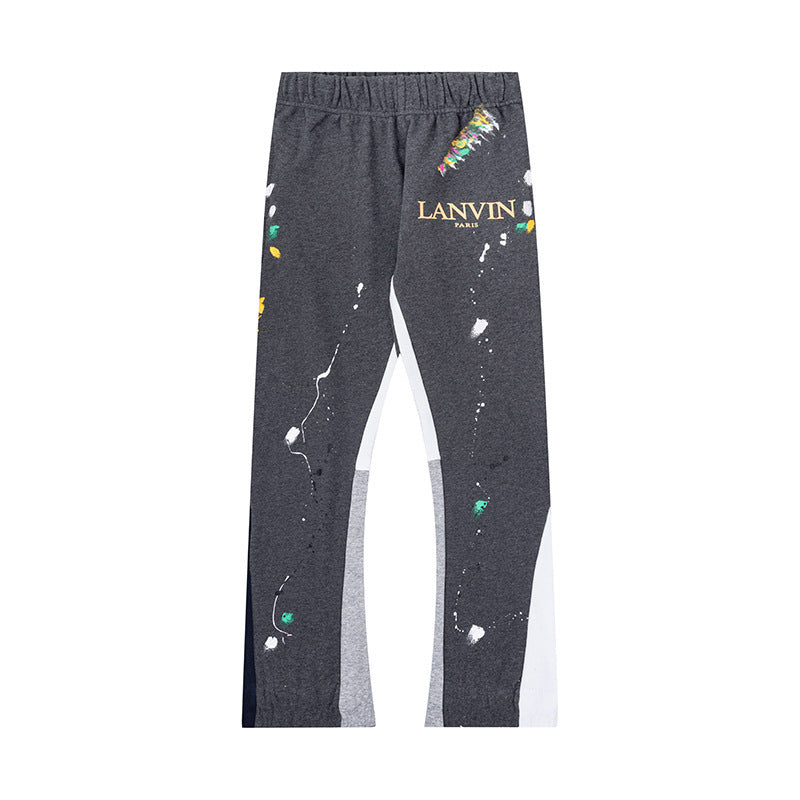 Lanvin Dark Heather Grey Floral Logo Splatter Patchwork Flare Pants