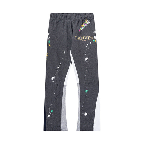 Lanvin Dark Heather Grey Floral Logo Splatter Patchwork Flare Pants