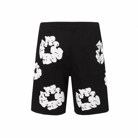 Denim Tears Black Cotton Sweat Shorts With White Textured Flower Wreath Print