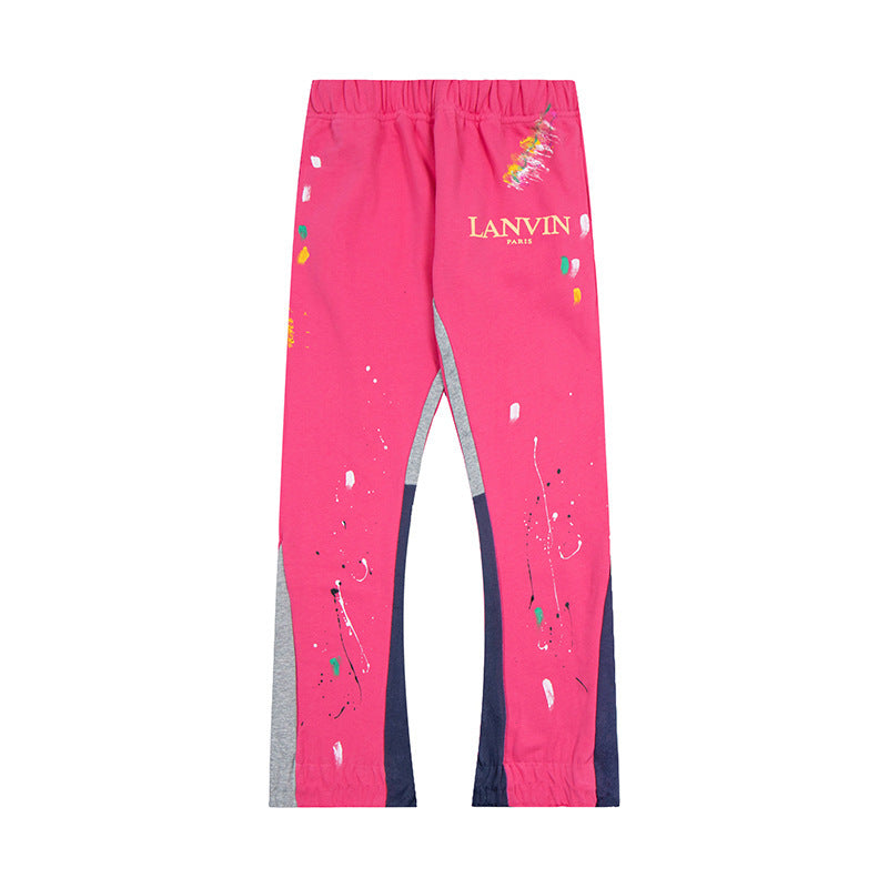 Lanvin Hot Pink Floral Logo Paint Splatter Patchwork Flare Sweatpants