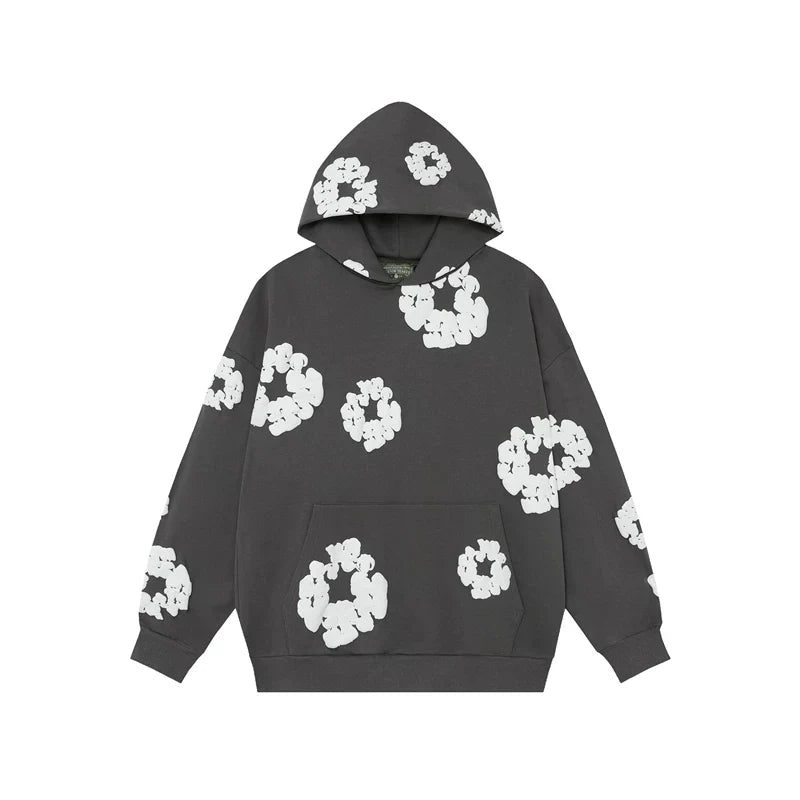 Denim Tears Dark Grey Allover White Cotton Wreath Pullover Hoodie