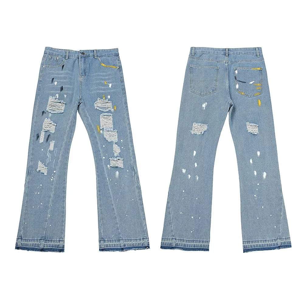 Gallery Dept Multi‑Ripped Paint‑Speck Flare Jeans