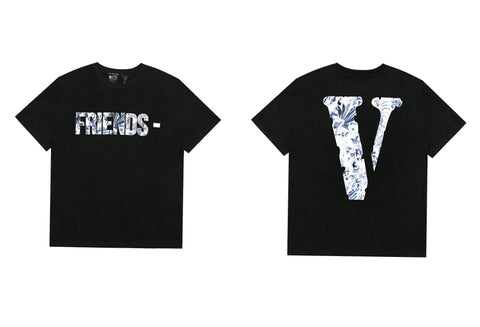 Vlone Abstract Floral "FRIENDS-" Graphic T-Shirt - Black
