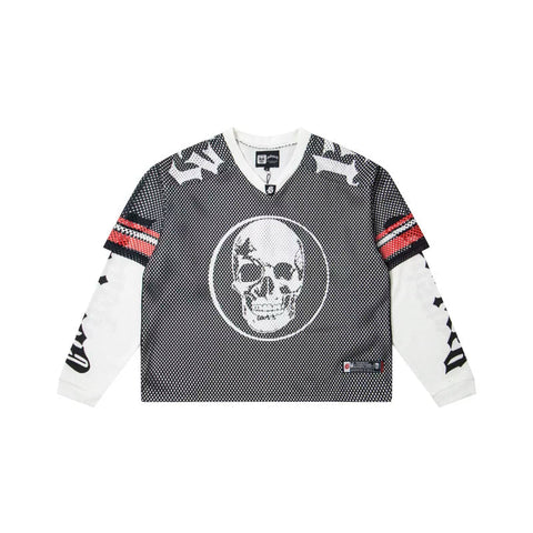 "Godspeed" Layered Mesh Skull Long Sleeve Jersey (Black/White/Red)