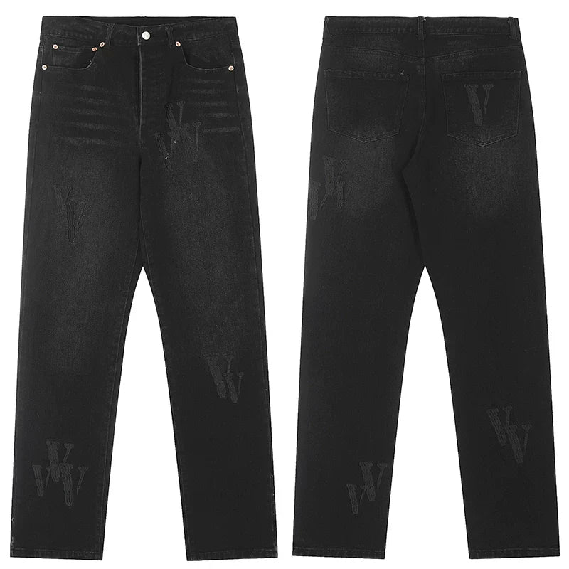 Vlone Subtle Logo Distressed Denim Jeans - Washed Black