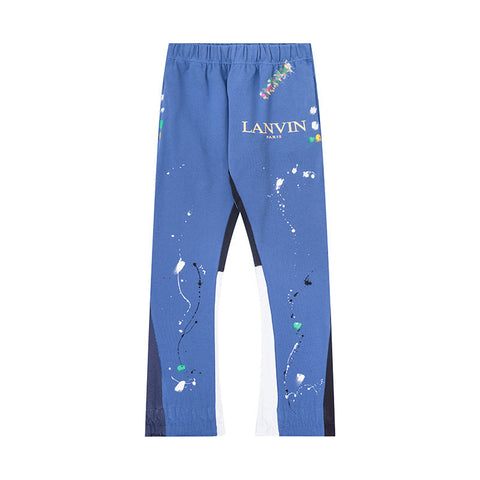 Lanvin Denim Blue Floral Logo Paint Splatter Flare Sweatpants
