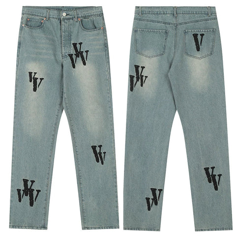 Vlone All-Over "V" Logo Graphic Denim Jeans - Light Wash/Black
