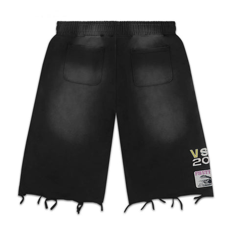 Vale Forever Distressed Frayed Hem Washed Black Graphic Sweat Shorts