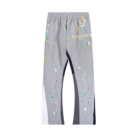 Lanvin Heather Grey Floral Logo Paint Splatter Patchwork Flare Pants