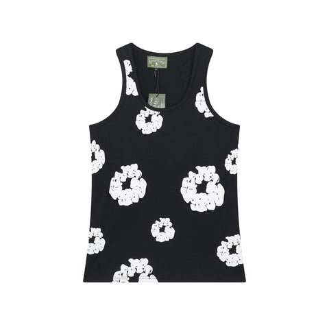 Denim Tears Black All Over White Floral Wreath Print Ribbed Slim Tank Top