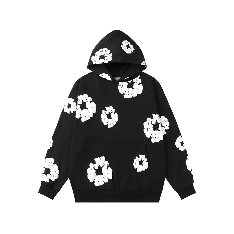 Denim Tears Black Allover White Cotton Wreath Pullover Hoodie