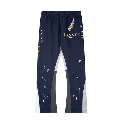 Lanvin Navy Floral Logo Paint Splatter Spliced Flare Sweatpants