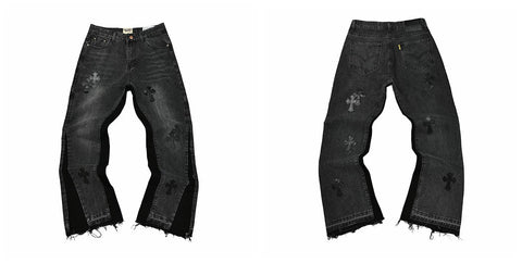 Gallery Dept Black Cross Embroidered Distressed Jeans