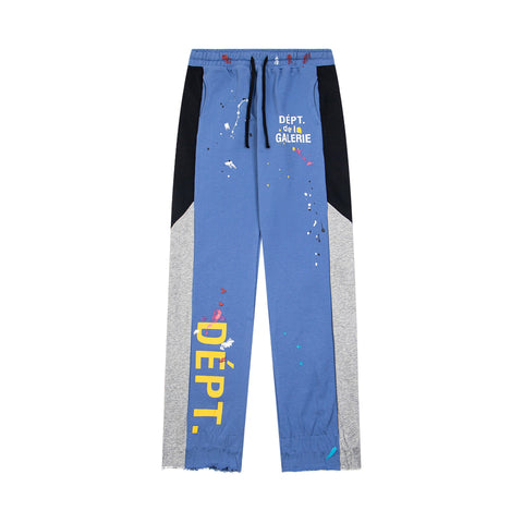 Gallery Dept Denim Blue Frayed Hem Logo Splatter Flare Sweatpants