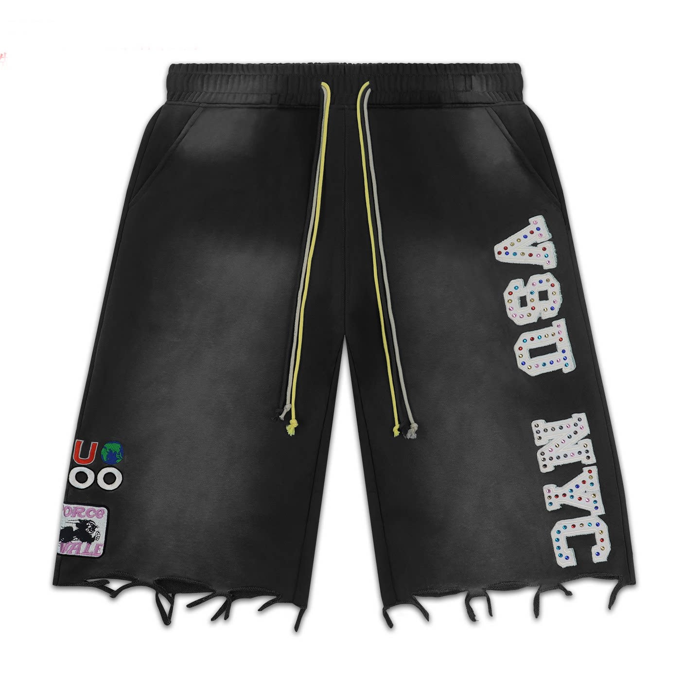 Vale Forever Distressed Frayed Hem Washed Black Graphic Sweat Shorts