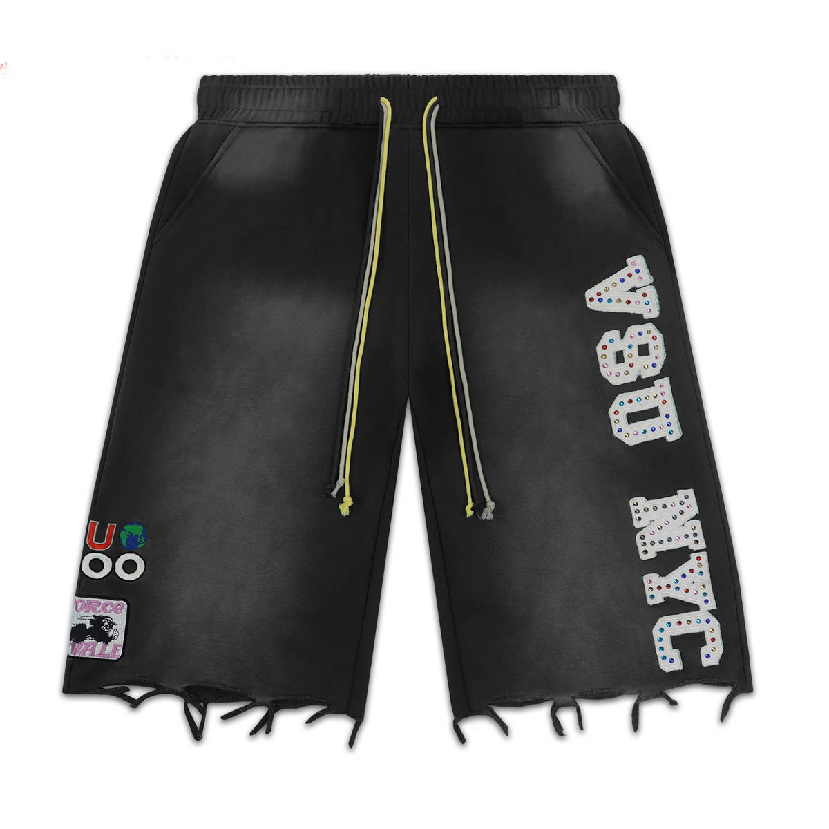 Vale Forever Distressed Frayed Hem Washed Black Graphic Sweat Shorts