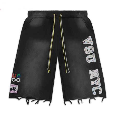 Vale Forever Distressed Frayed Hem Washed Black Graphic Sweat Shorts
