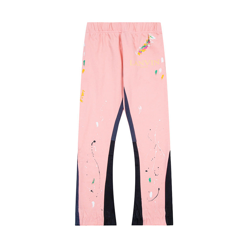 Lanvin Pink Floral Logo Paint Splatter Patchwork Flare Sweatpants