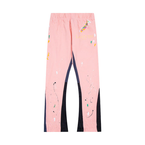 Lanvin Pink Floral Logo Paint Splatter Patchwork Flare Sweatpants