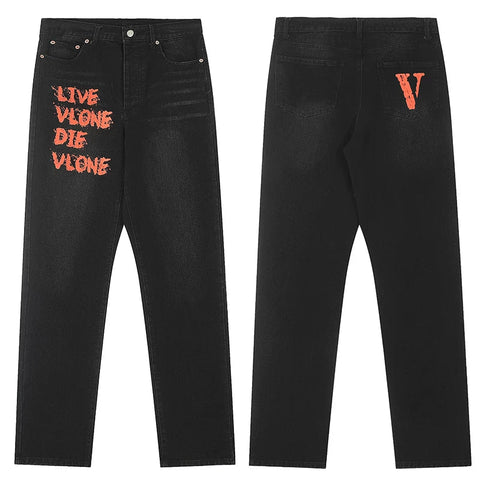 Vlone "Live Vlone Die Vlone" Graphic Denim Jeans - Dark Wash/Orange-Red