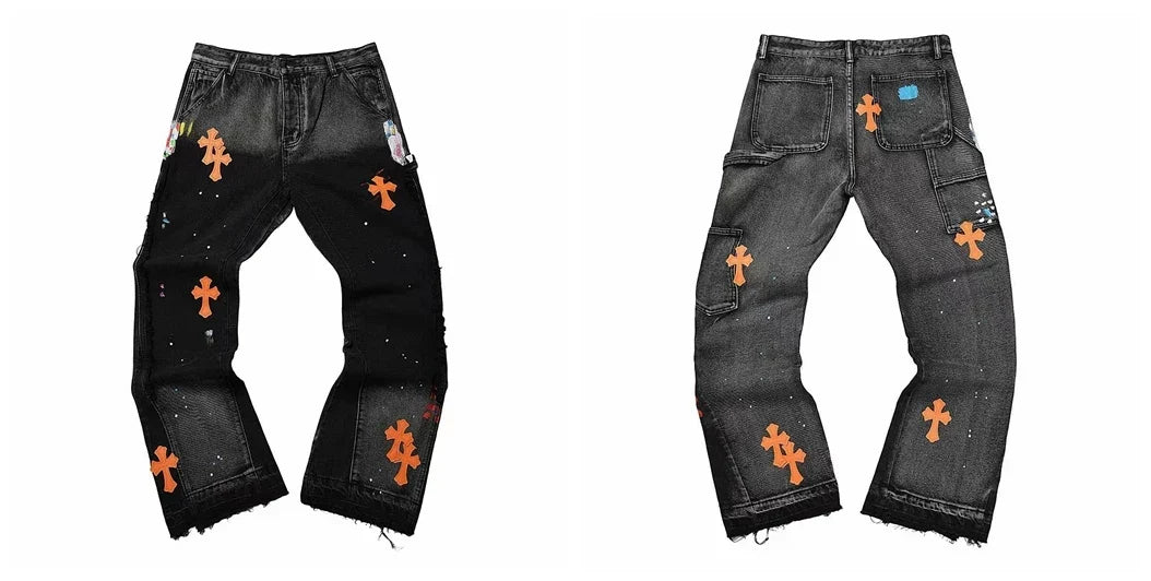 Gallery Dept Black Orange Cross Embroidered Jeans