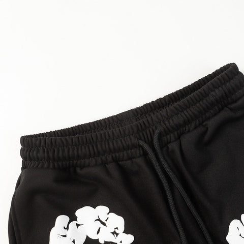 Denim Tears Black Cotton Sweat Shorts With White Textured Flower Wreath Print