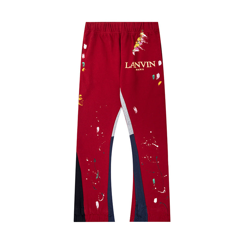 Lanvin Red Floral Logo Paint Splatter Patchwork Flare Sweatpants