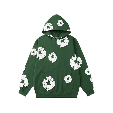 Denim Tears Forest Green Allover White Cotton Wreath Pullover Hoodie