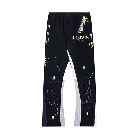 Lanvin Black Floral Logo Paint Splatter Patchwork Flare Sweatpants