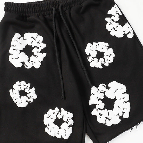 Denim Tears Black Cotton Sweat Shorts With White Textured Flower Wreath Print