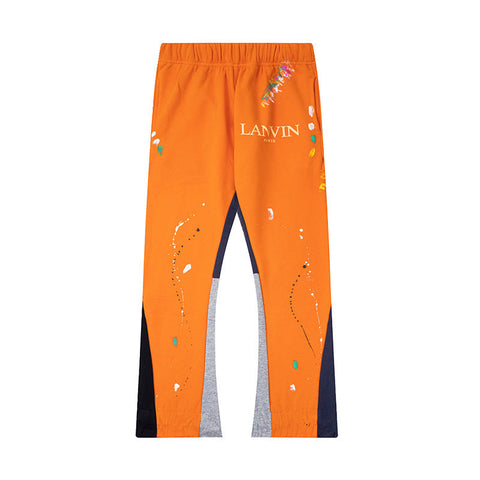 Lanvin Orange Floral Logo Paint Splatter Patchwork Flare Sweatpants