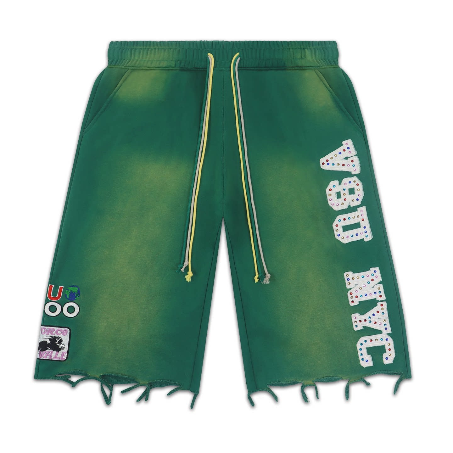 Vale Forever Distressed Frayed Hem Washed Green Graphic Sweat Shorts