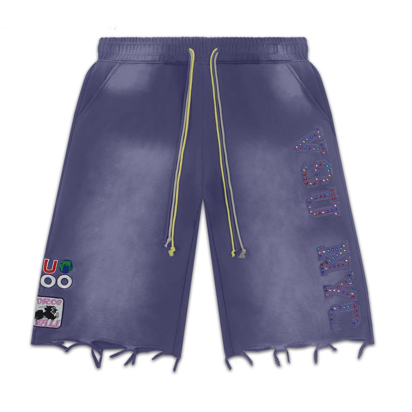 Vale Forever Distressed Frayed Hem Washed Purple Graphic Sweat Shorts