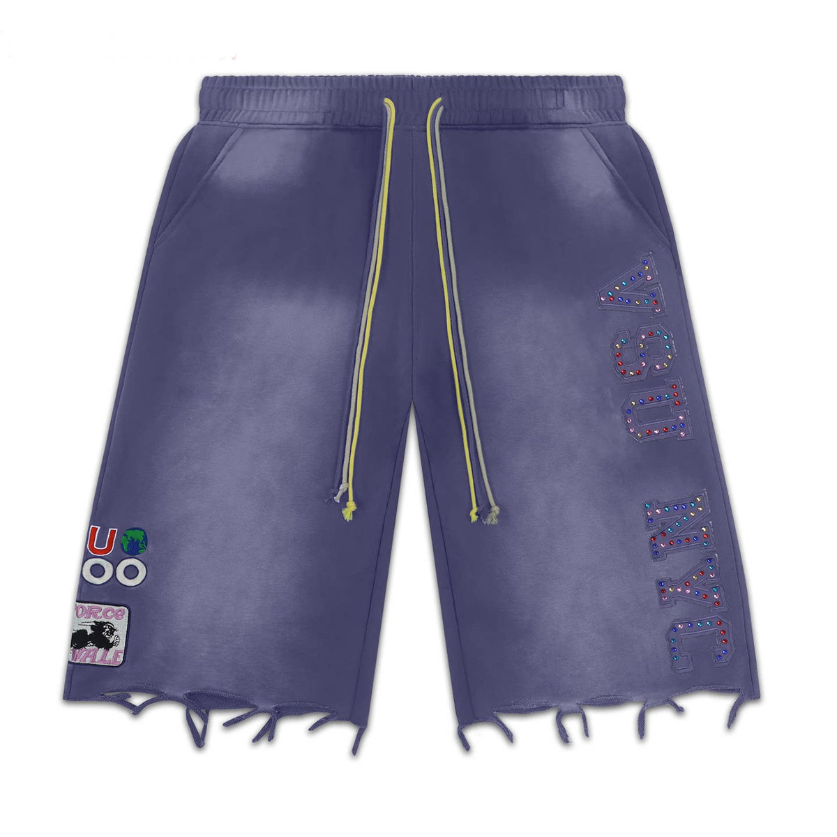 Vale Forever Distressed Frayed Hem Washed Purple Graphic Sweat Shorts