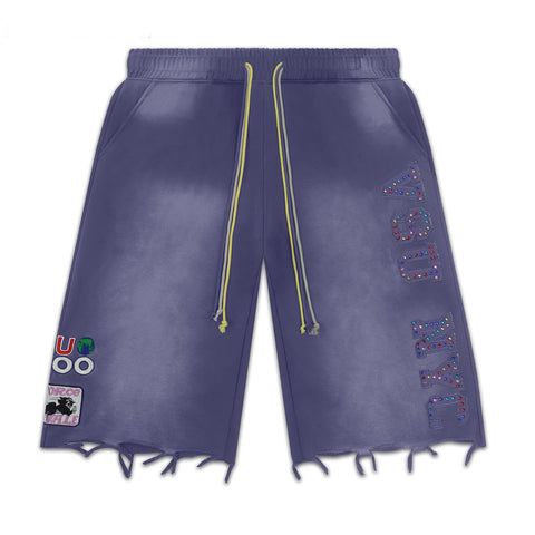 Vale Forever Distressed Frayed Hem Washed Purple Graphic Sweat Shorts