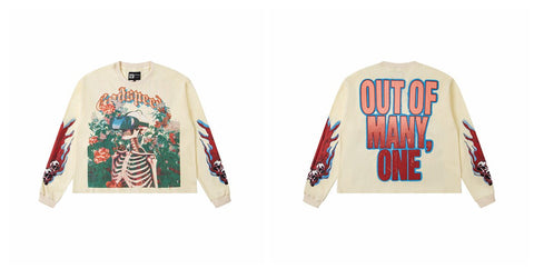 Godspeed "Out of Many, One" VR Headset Skeleton Floral Graphic Beige Long Sleeve Tee