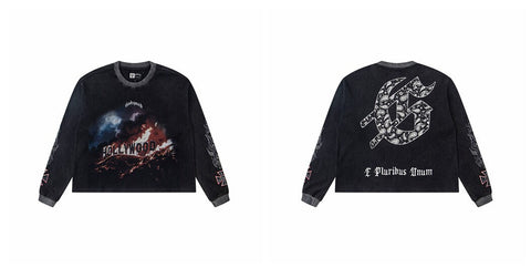 Godspeed "E Pluribus Unum" Burning Hollywood Sign Graphic Black Long Sleeve Tee