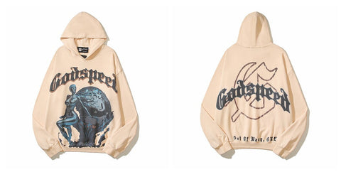 Vintage "Godspeed" Globe Figure Oversized Beige Hoodie