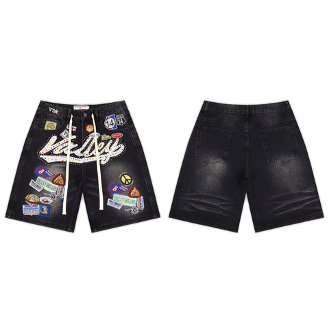 Vale Graffiti Rhinestone Patchwork Black Denim Shorts
