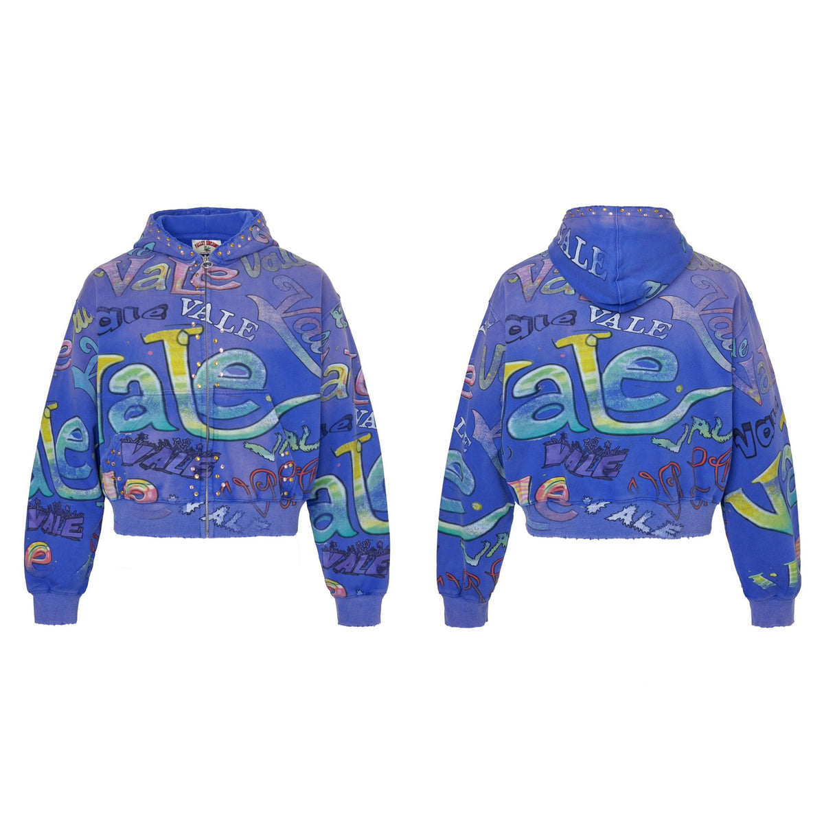 Vale Forever All-Over Vale Graffiti Print Vintage Wash Full-Zip Hoodie blue